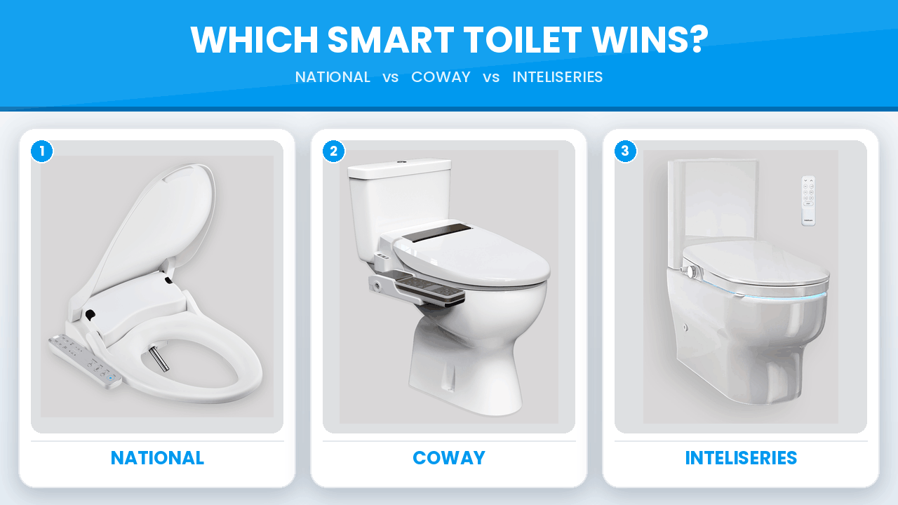 National, Coway and InteliSeries smart toilet bidets shown side by side for comparison